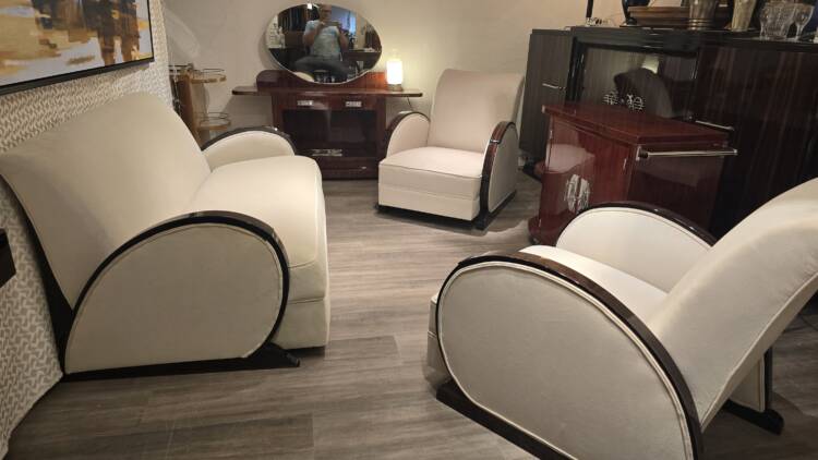 Salon Art Déco Club en ébène de Macassar – Ensemble canapé et fauteuils restaurés en velours beige – Image 2