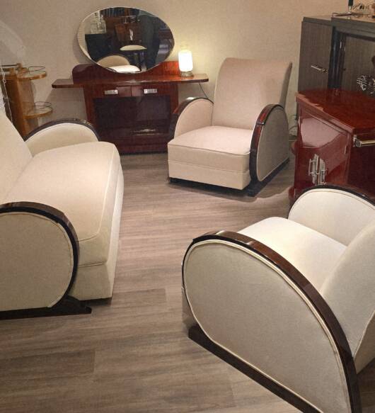 Salon Art Déco Club en ébène de Macassar – Ensemble canapé et fauteuils restaurés en velours beige