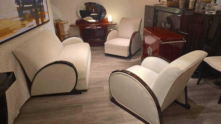 Salon Art Déco Club en ébène de Macassar – Ensemble canapé et fauteuils restaurés en velours beige
