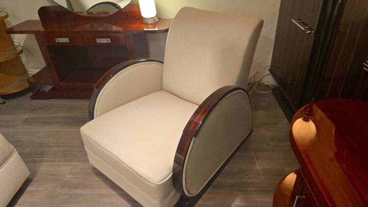 Salon Art Déco Club en ébène de Macassar – Ensemble canapé et fauteuils restaurés en velours beige – Image 8