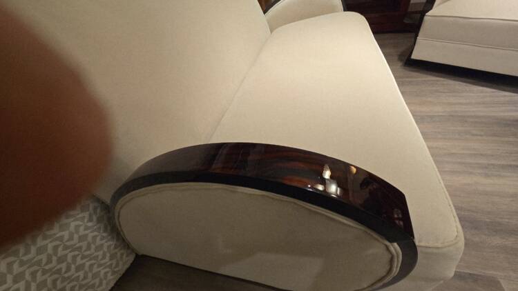 Salon Art Déco Club en ébène de Macassar – Ensemble canapé et fauteuils restaurés en velours beige – Image 11