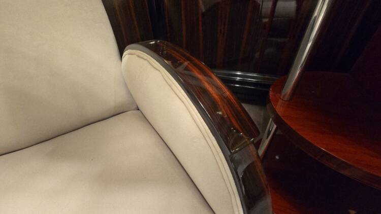 Salon Art Déco Club en ébène de Macassar – Ensemble canapé et fauteuils restaurés en velours beige – Image 13