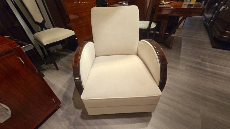 Salon Art Déco Club en ébène de Macassar – Ensemble canapé et fauteuils restaurés en velours beige – Image 14